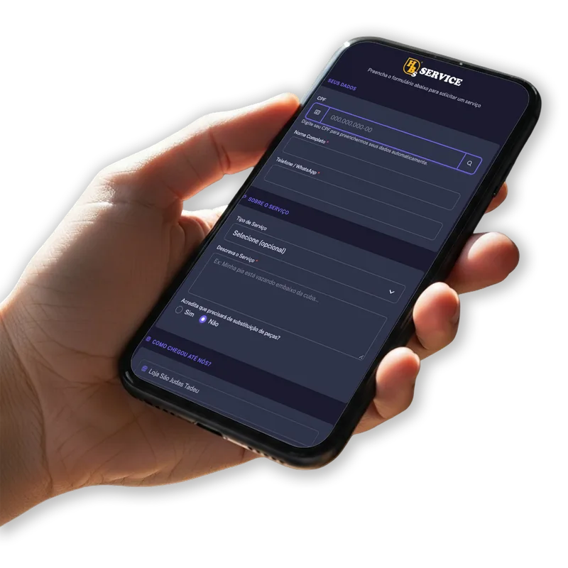 Celular com o formulário de solicitação da HBs Service aberto