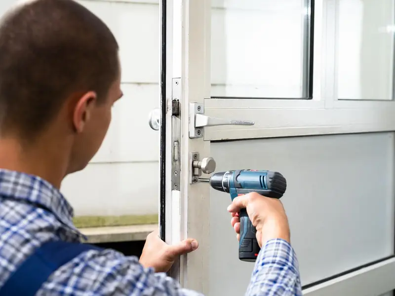Chaveiro instalando a fechadura de uma porta