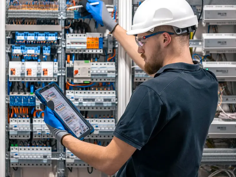Eletricista conferindo o quadro de energia