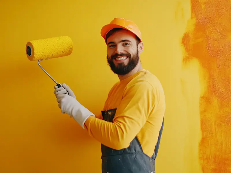 Pintor aplicando tinta na parede com rolo