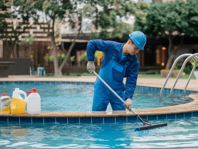 Profissional limpando uma piscina