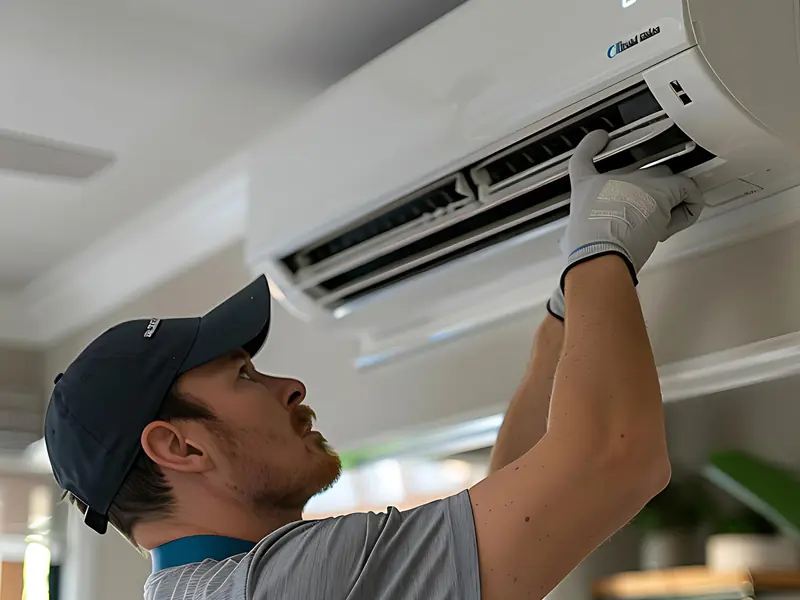 Técnico fazendo a manutenção de um ar-condicionado split